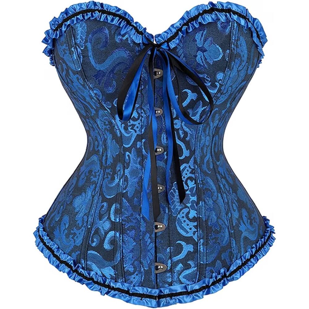 Womens XXL Blue Floral Lace Corset Bustier Top Strapless Lace Up Back Cincher